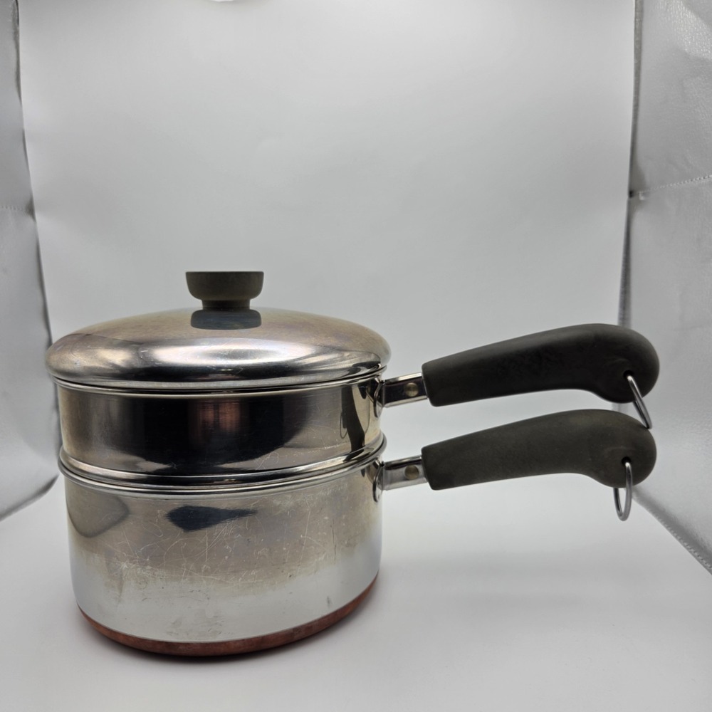 Vintage Revere Ware Copper Bottom 2 Quart Double Boiler Steamer & Sauce Pan Set